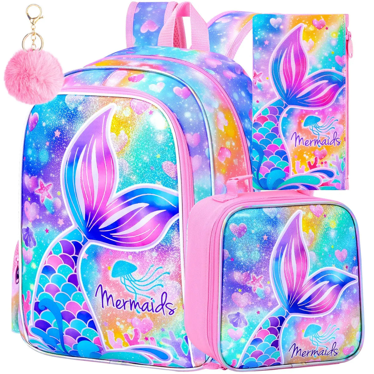 3Pcs Mermaid Backpack for Girls, 16" Kids Fishtail Bookbag with Lunch Box, Cute School Backpack Set for Preschool Kindergarten Toddler(Rainbow), Cute Daypacks