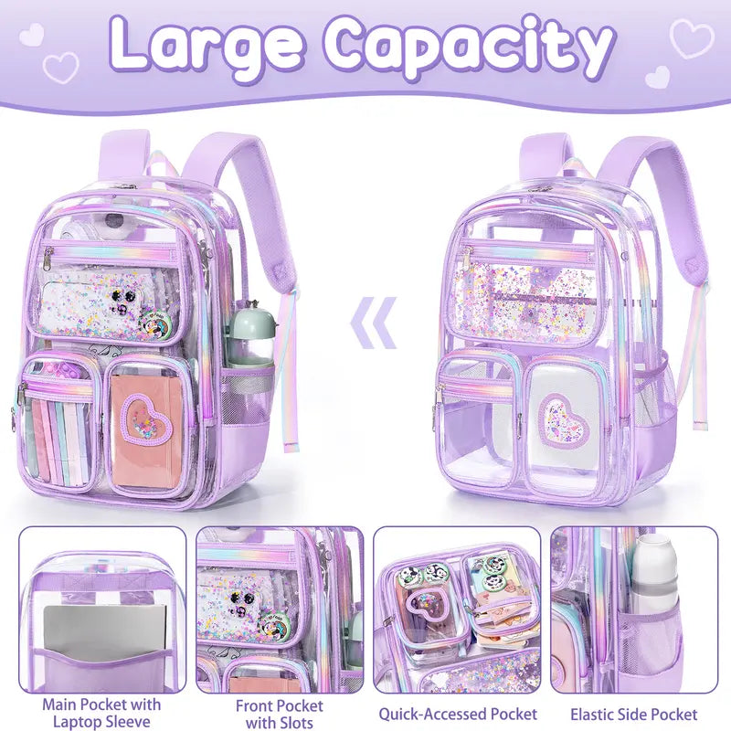 Fimibuke Waterproof PVC Plastic 3PCS Backpack Set Pack - Lightweight, Zipper-Closure, with Lunch Box & Pencil Pouch, Stadium Approved, Unisex All Seasons Campus Life Back to School Haul Bags
