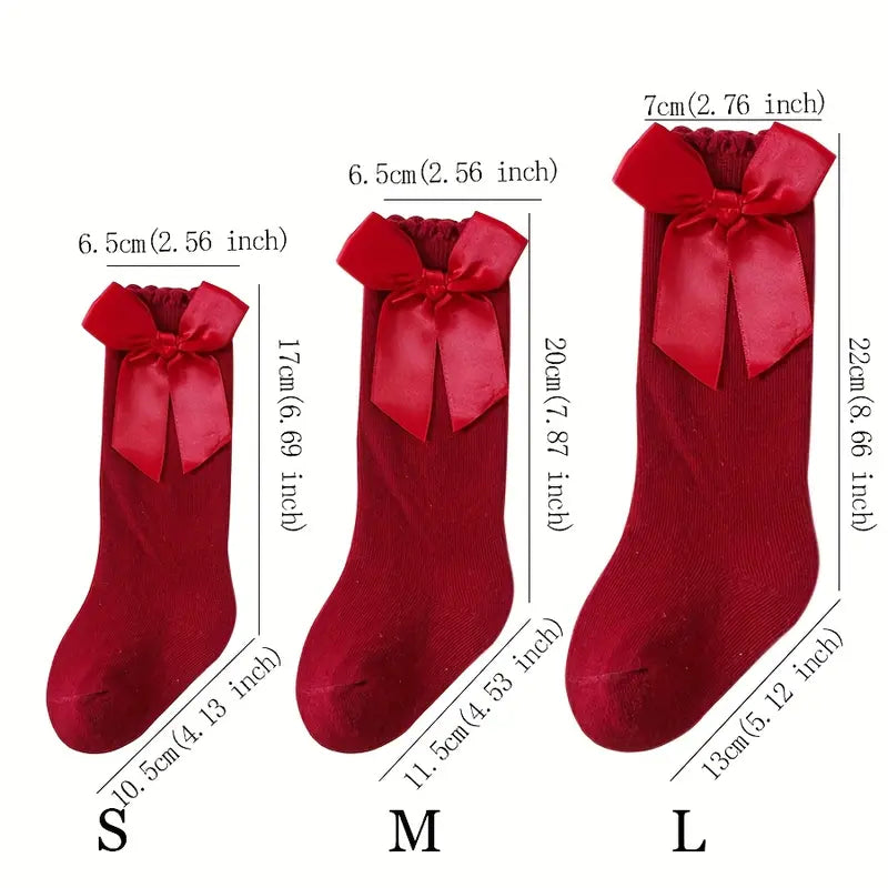 Girls' Solid Color Cotton Mid-Length Sock Pair with Bow Detail - Spanish-Style Princess Kids' Party & Casual Wear, S(0-1Y), M(1-3Y), L(3-5Y), Hand Wash Only, Wine Red