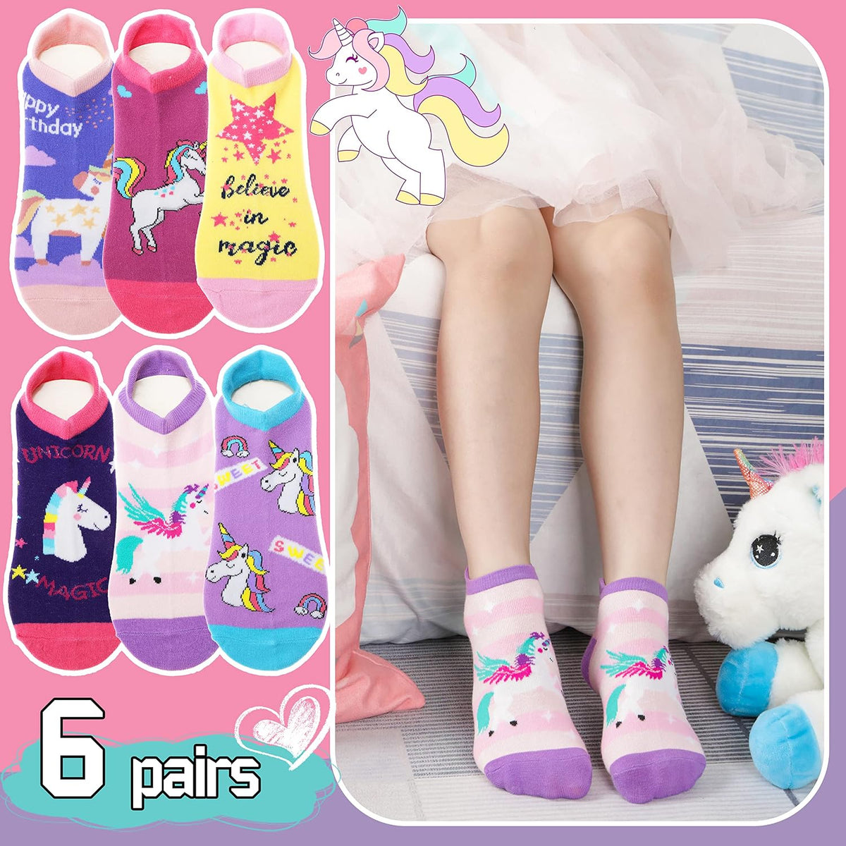 ANTSANG Kids Girls Toddler Unicorn Ankle Socks, Novelty Fashion Socks