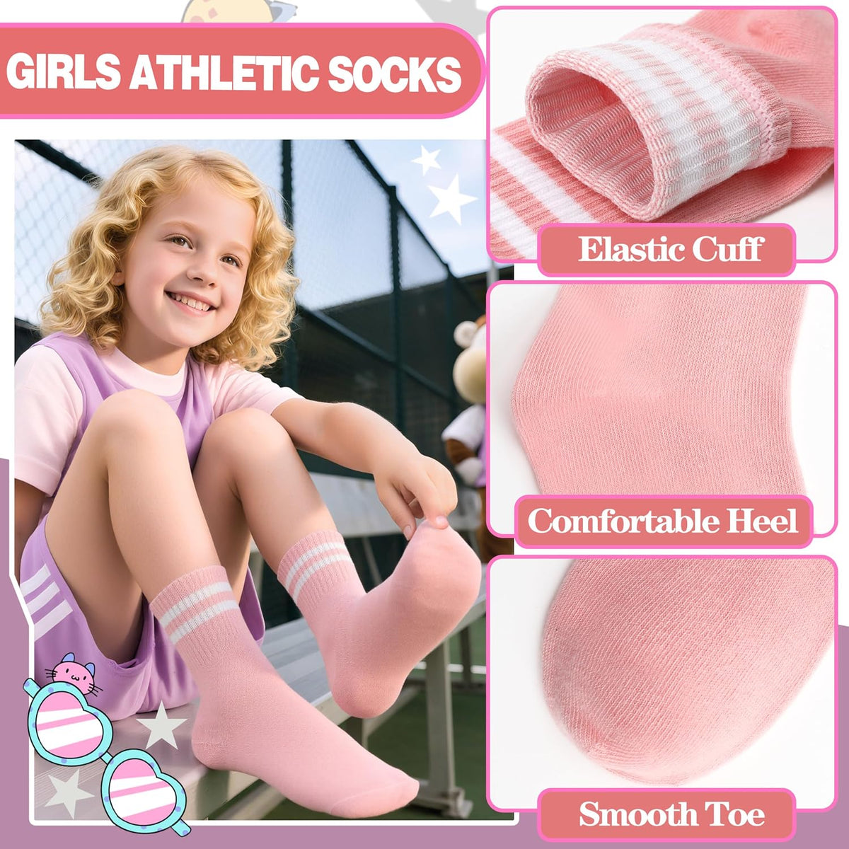 Kids Girls Athletic Sport Socks Basketball Outdoor Cotton Crew Breathable Socks 6 Pairs