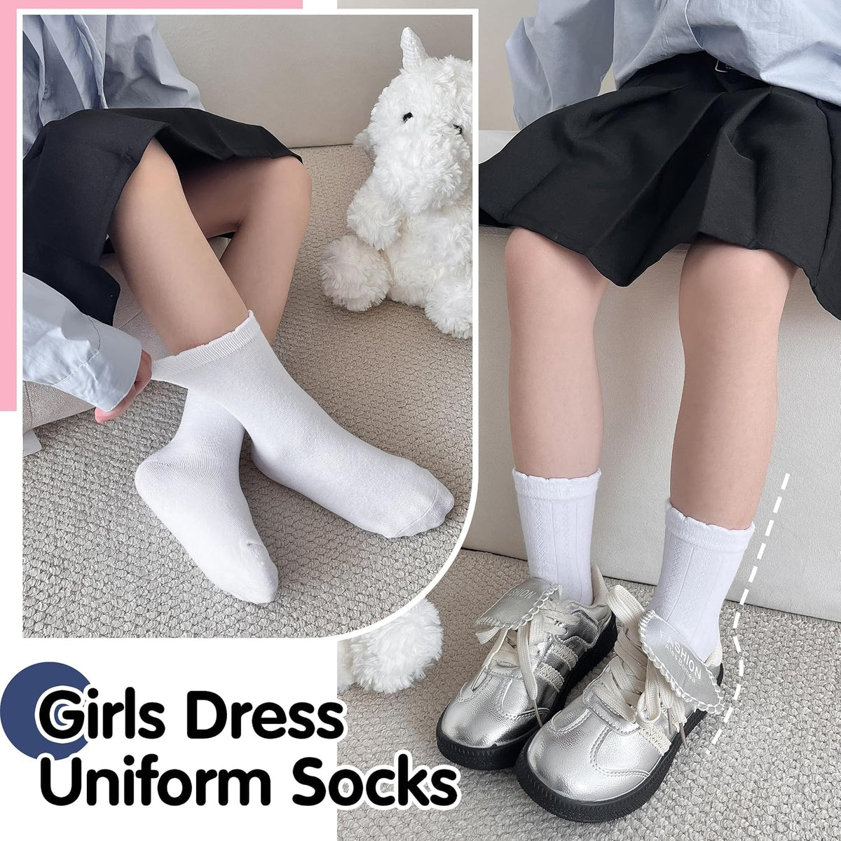 EBMORE Girls Kids Ruffle Socks Uniform School Dress Crew Cotton Textured Breathable Socks 6 Pairs