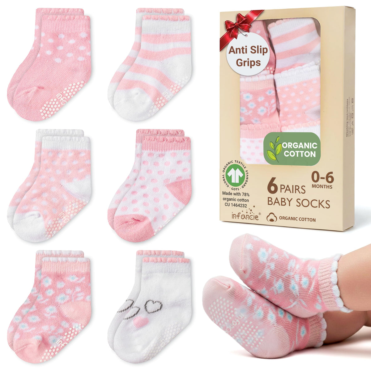 GOTS Organic Cotton Blend 12 Pairs Baby Newborn Socks 0-6 M Girl Non Slip