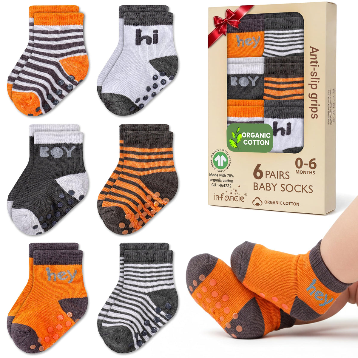 GOTS Organic Cotton Blend 12 Pairs Baby Newborn Socks 0-6 M Girl Non Slip