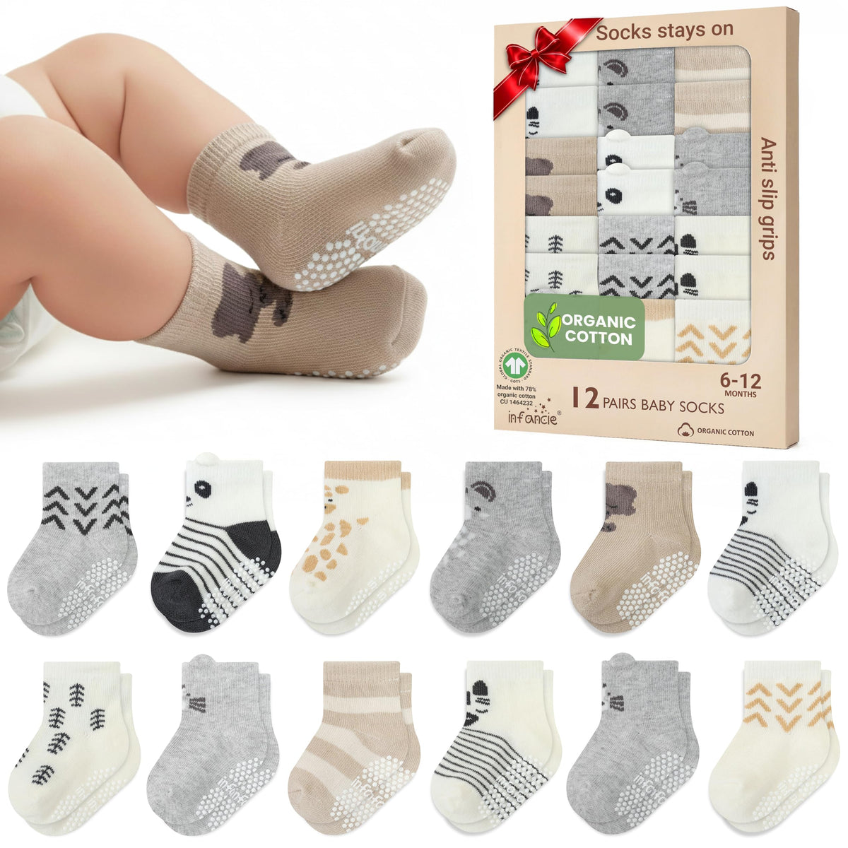 GOTS Organic Cotton Blend 12 Pairs Baby Newborn Socks 0-6 M Girl Non Slip