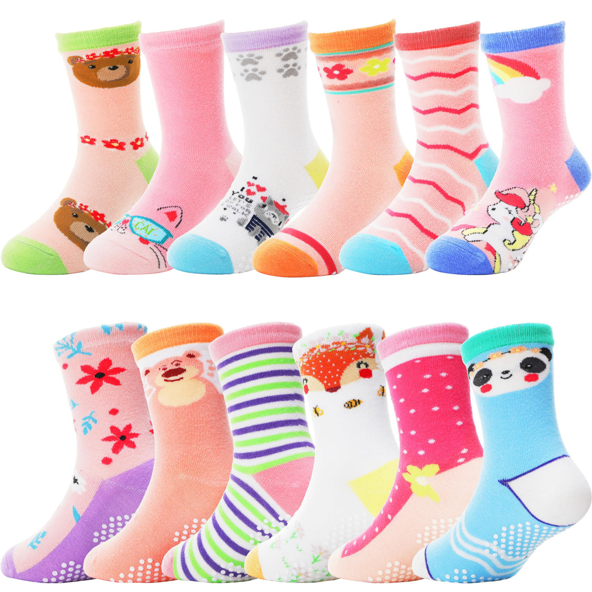 ANTSANG Baby Girls Toddlers Grips Socks, Kids Unicorn Crew Cotton Socks