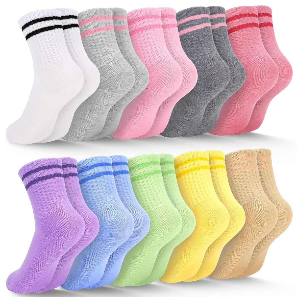 Ultrafun 10 Pairs Kids Girls Socks Cotton Crew Athletic Socks with Stripes Hearts Casual Dress Sock for Girls 3-12 Years Old