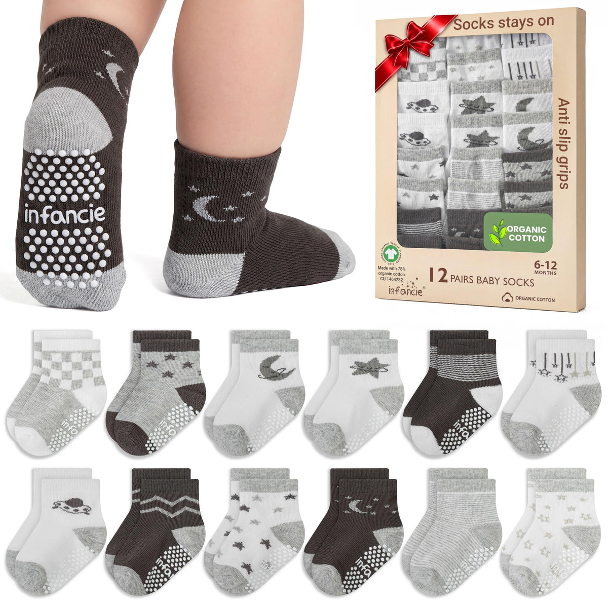 GOTS Organic Cotton Blend 12 Pairs Baby Newborn Socks 0-6 M Girl Non Slip