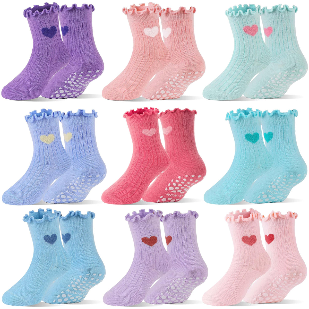 Baby Girls Toddlers Ruffle Grip Socks for Kids Non Slip Anti Skid Frilly Cute Funny Cotton Crew Socks 9 Pairs