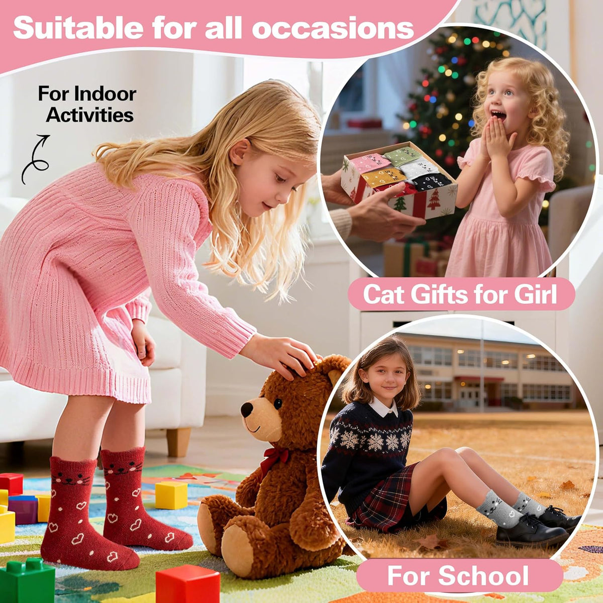 Kids Girls Toddlers Merino Wool Cat Socks Thermal Winter Warm Thick Cozy Cute Funny Crew Socks 6 Pairs