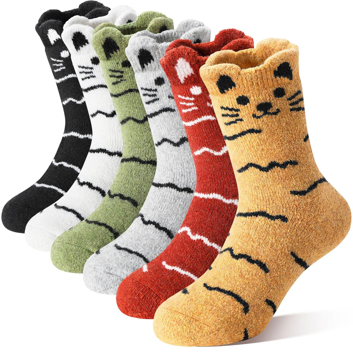 Kids Girls Toddlers Merino Wool Cat Socks Thermal Winter Warm Thick Cozy Cute Funny Crew Socks 6 Pairs