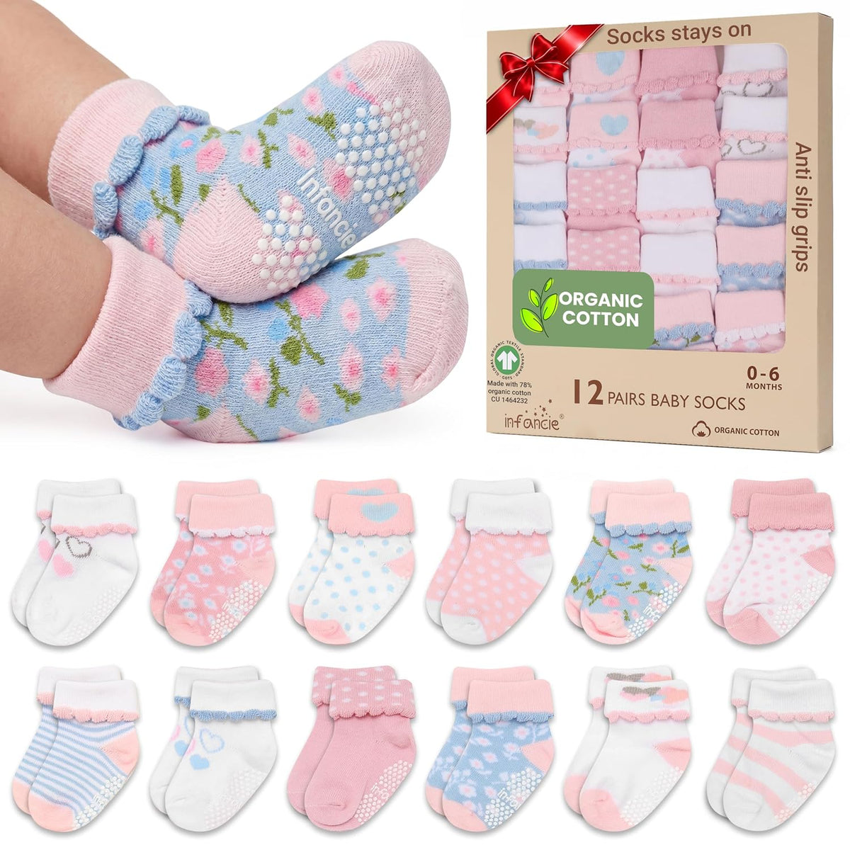 GOTS Organic Cotton Blend 12 Pairs Baby Newborn Socks 0-6 M Girl Non Slip