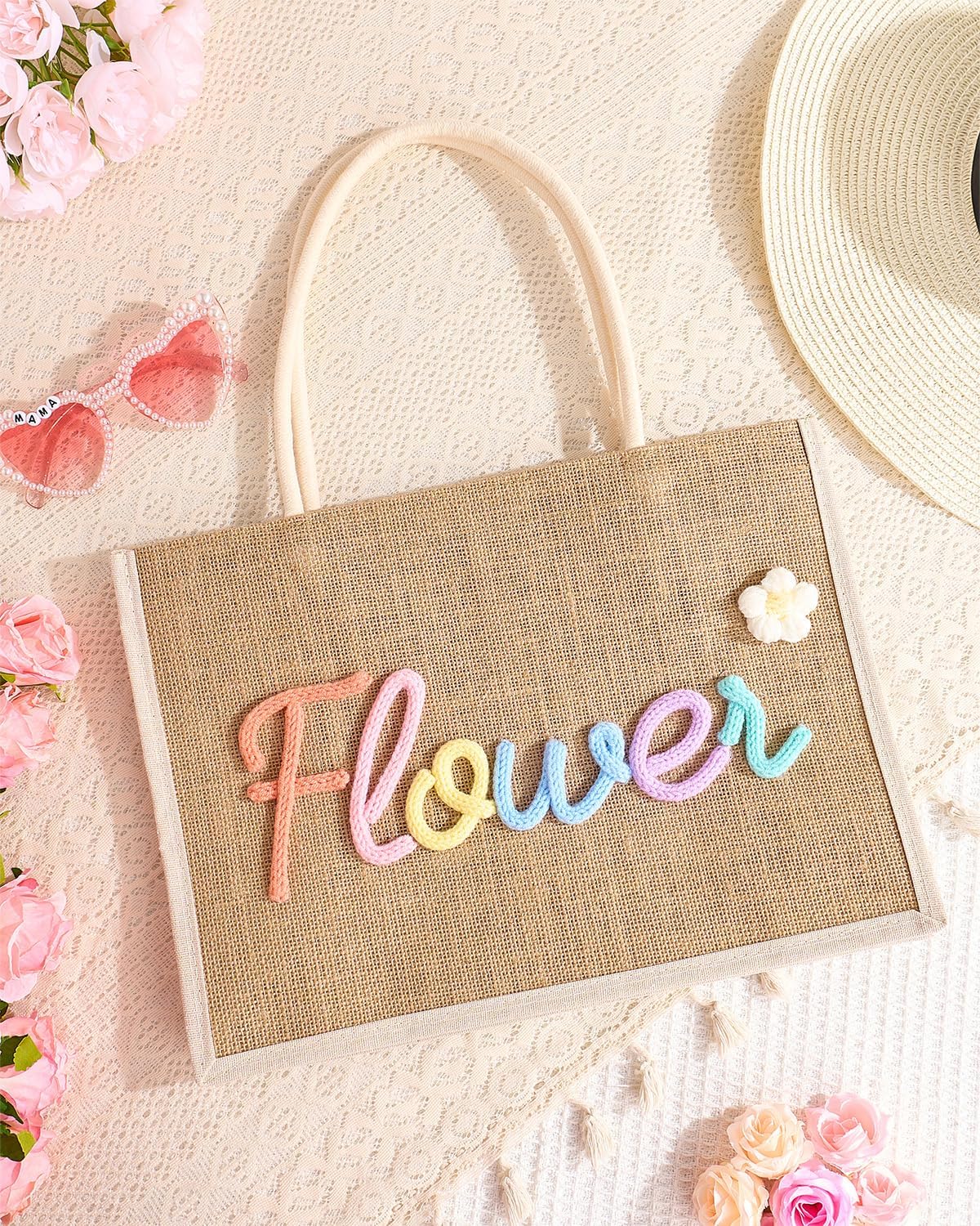Personalized Embroidered Beach Bag for Kids, Custom Waterproof Tote Bags for Children, Monogram Large Capacity Collecting Toys Flower Girls Birthday Christmas Gifts Handbag for Wedding, Swim, Picnic