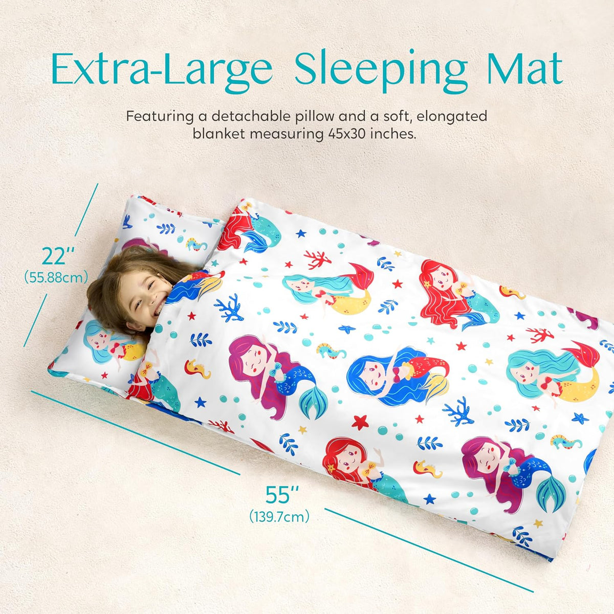 JOIEDOMI Toddler Nap Mat with Removable Pillow and Minky Blanket 55''x30'' Kids Sleeping Bag for Boys and Girls Ages 3-6 Roll Up Soft Nap Mats for Preschool Kindergarten Daycare Sleepover