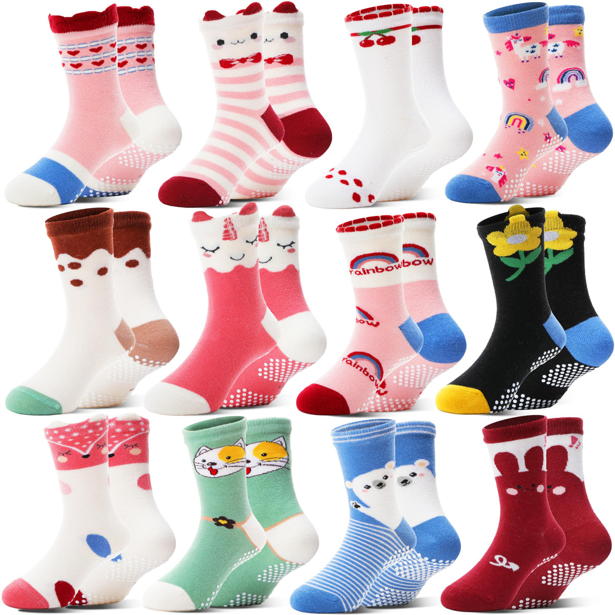Welwoos Baby Girls Toddlers Grips Socks 12 Pairs Kids Anti Slip Non Skid Animal Funny Cartoon Crew Breathable Cotton Socks