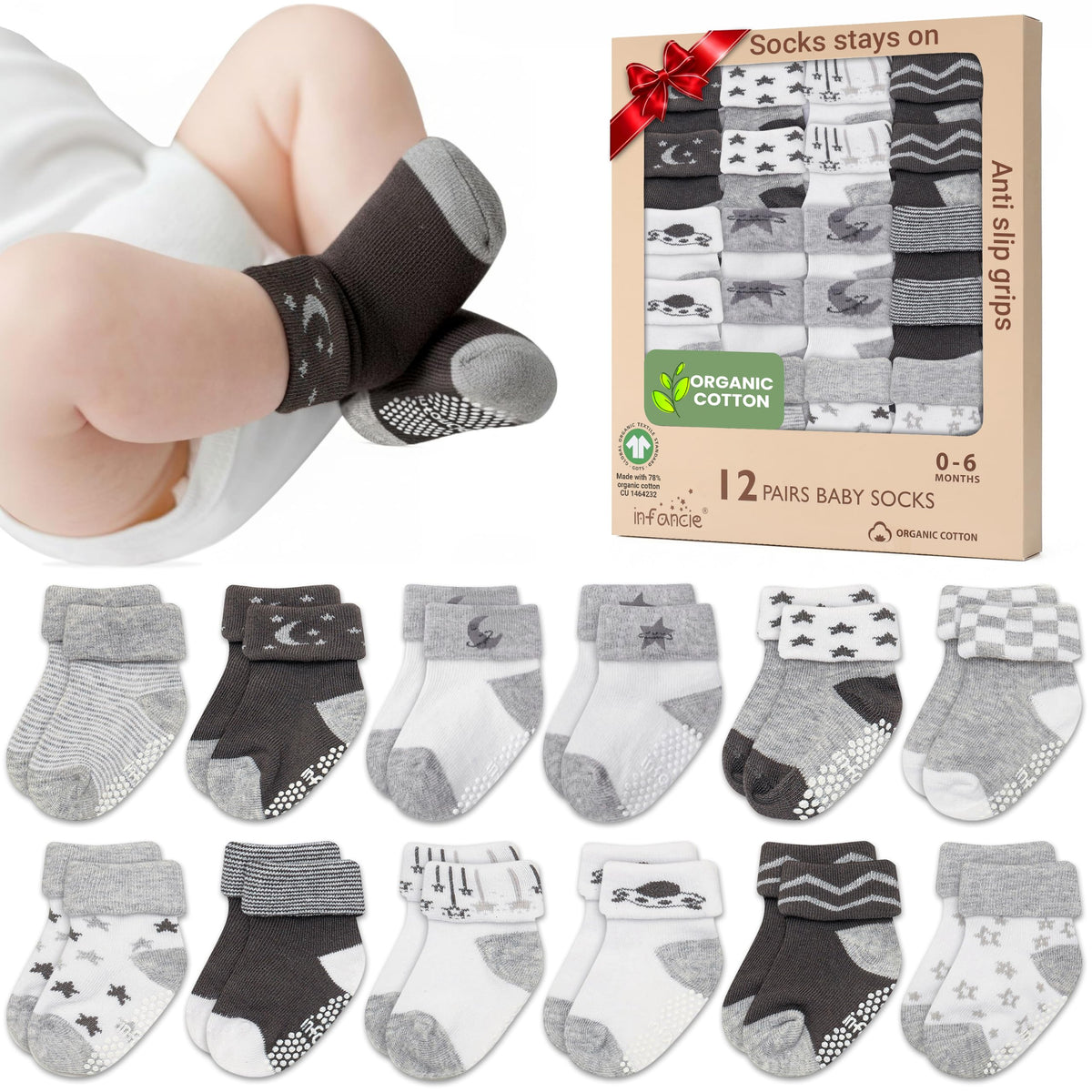 GOTS Organic Cotton Blend 12 Pairs Baby Newborn Socks 0-6 M Girl Non Slip