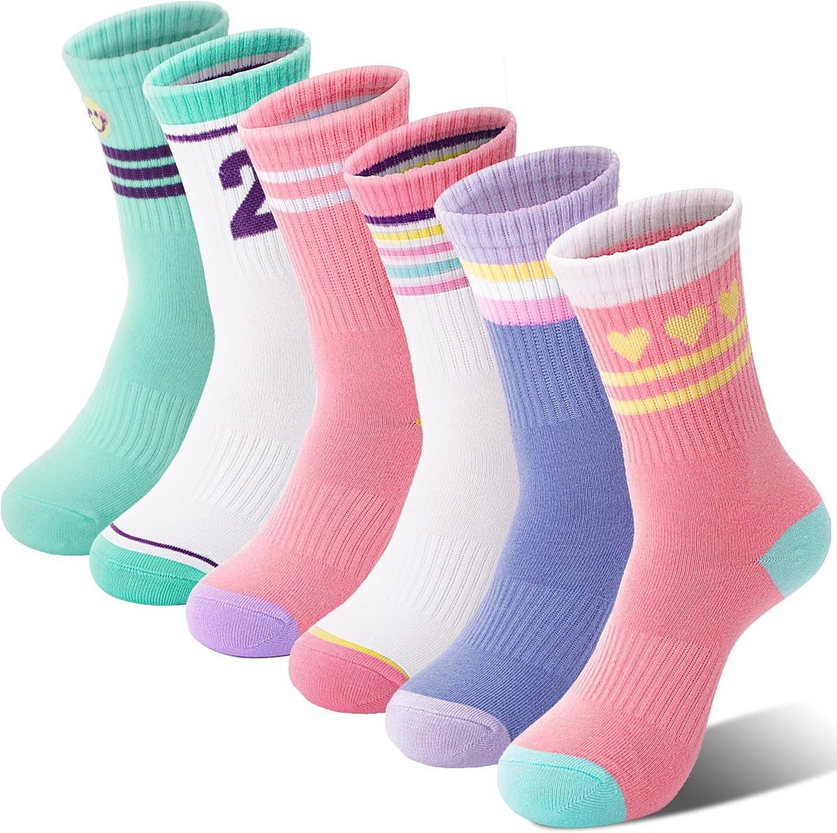 Sandsuced 6 Pairs Girls Kids Socks Athletic Basketball Sport Crew Youth Cotton Soft Breathable Socks for Outdoor