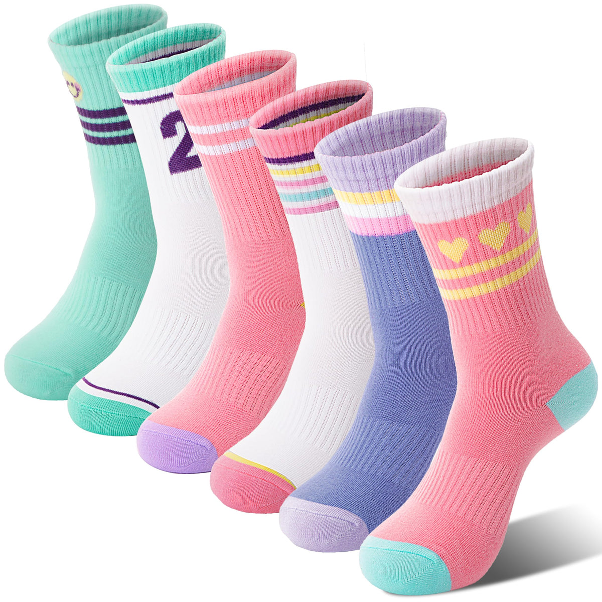 Sandsuced 6 Pairs Girls Kids Socks Athletic Basketball Sport Crew Youth Cotton Soft Breathable Socks for Outdoor