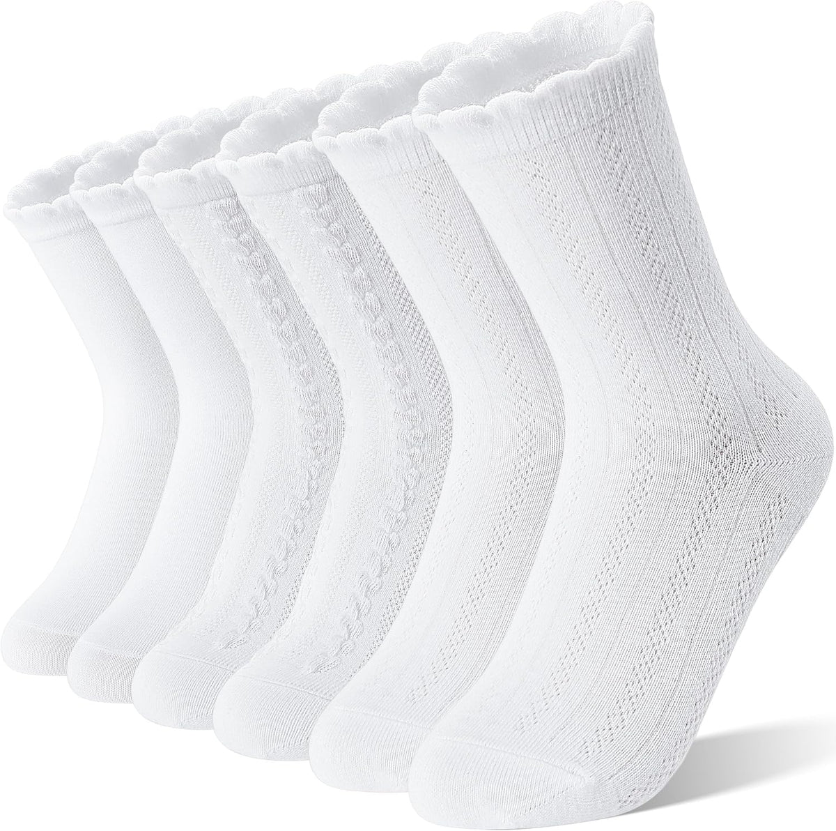 EBMORE Girls Kids Ruffle Socks Uniform School Dress Crew Cotton Textured Breathable Socks 6 Pairs