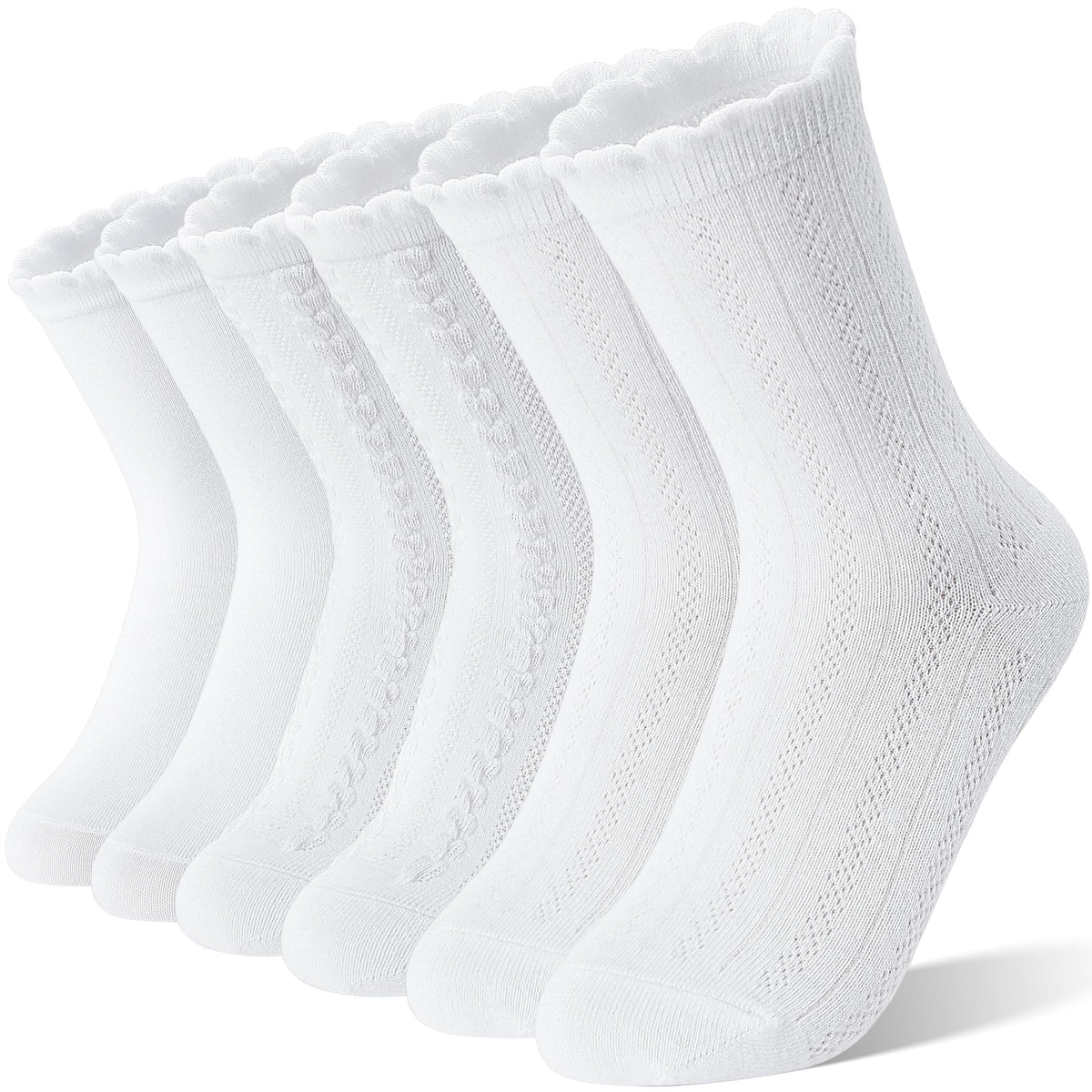 EBMORE Girls Kids Ruffle Socks Uniform School Dress Crew Cotton Textured Breathable Socks 6 Pairs