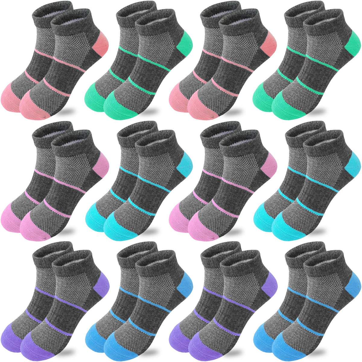 Bemeol Girls Socks 12 Pairs Ankle Socks Girls Low Cut Athletic Sock for Little Big Kids