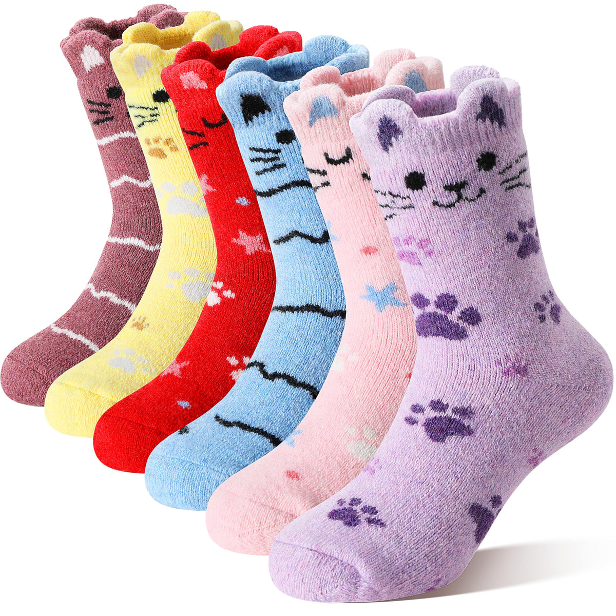 Kids Girls Toddlers Merino Wool Cat Socks Thermal Winter Warm Thick Cozy Cute Funny Crew Socks 6 Pairs
