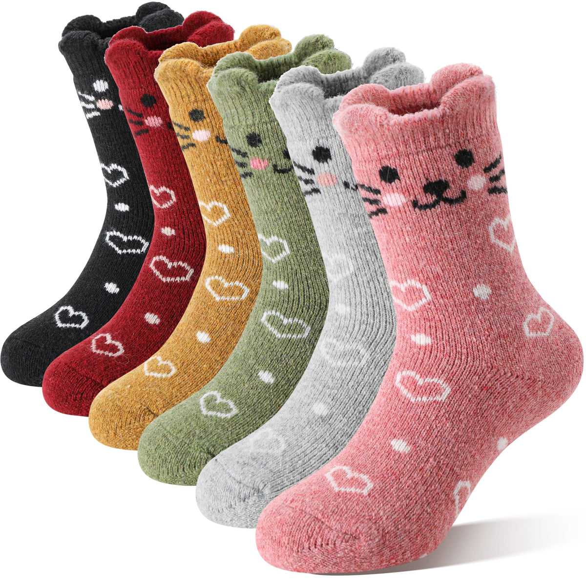 Kids Girls Toddlers Merino Wool Cat Socks Thermal Winter Warm Thick Cozy Cute Funny Crew Socks 6 Pairs