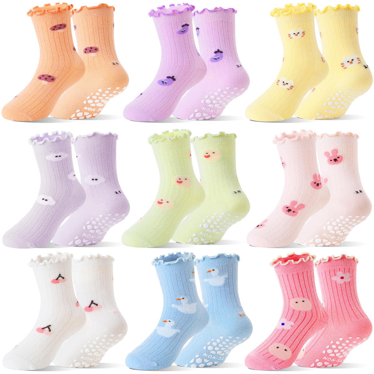 Baby Girls Toddlers Ruffle Grip Socks for Kids Non Slip Anti Skid Frilly Cute Funny Cotton Crew Socks 9 Pairs