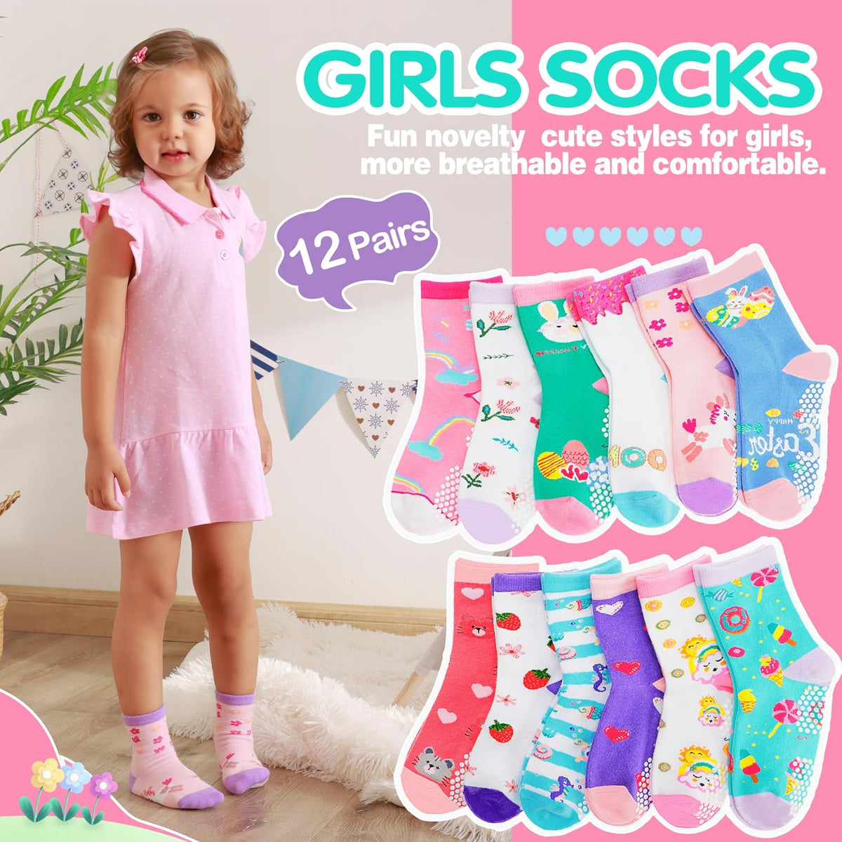 Welwoos Baby Girls Toddlers Grips Socks 12 Pairs Kids Anti Slip Non Skid Animal Funny Cartoon Crew Breathable Cotton Socks