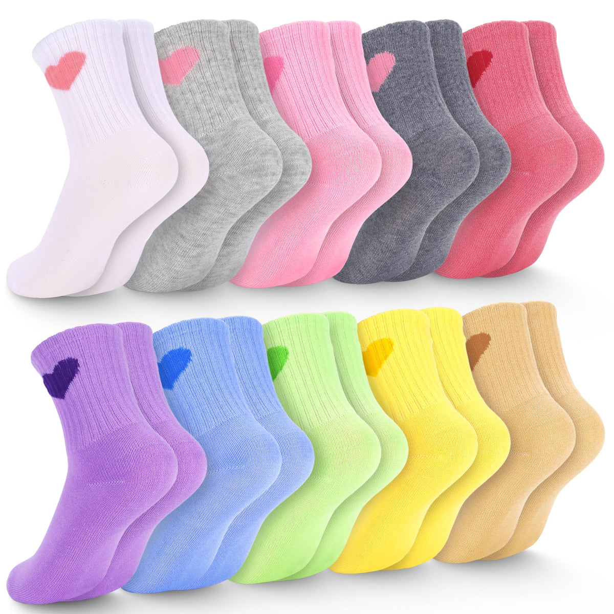 Ultrafun 10 Pairs Kids Girls Socks Cotton Crew Athletic Socks with Stripes Hearts Casual Dress Sock for Girls 3-12 Years Old