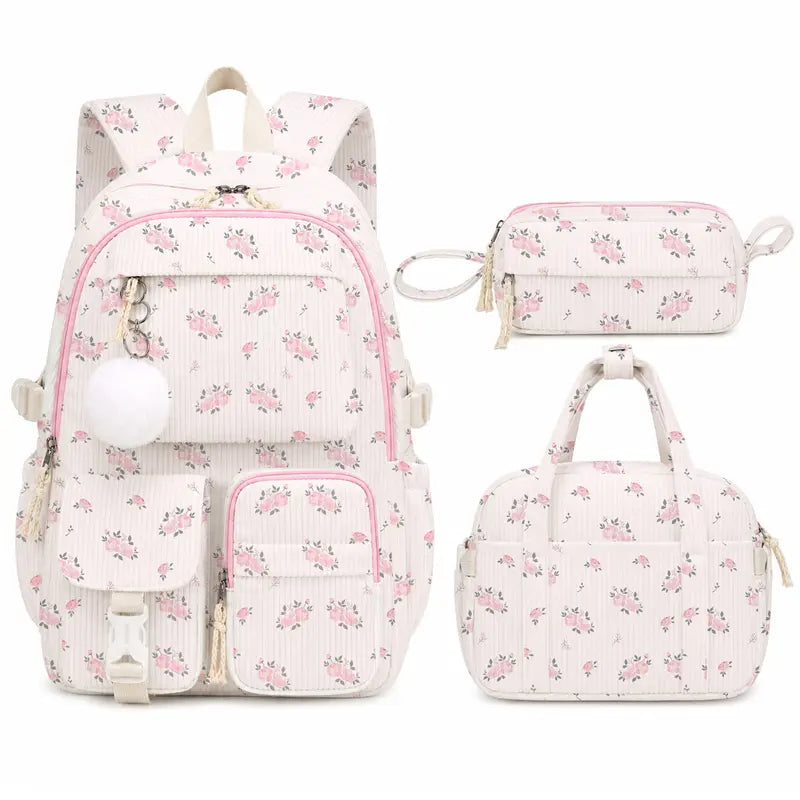 Similove Corduroy Floral Casual Printed Backpack Set - 3-Pocket Kawaii 3/4PCS Bundle with Lunch Bag, Pencil Case, Water Bottle, Lightweight School Supplies for Preschoolers, Daily Carry Book Bag