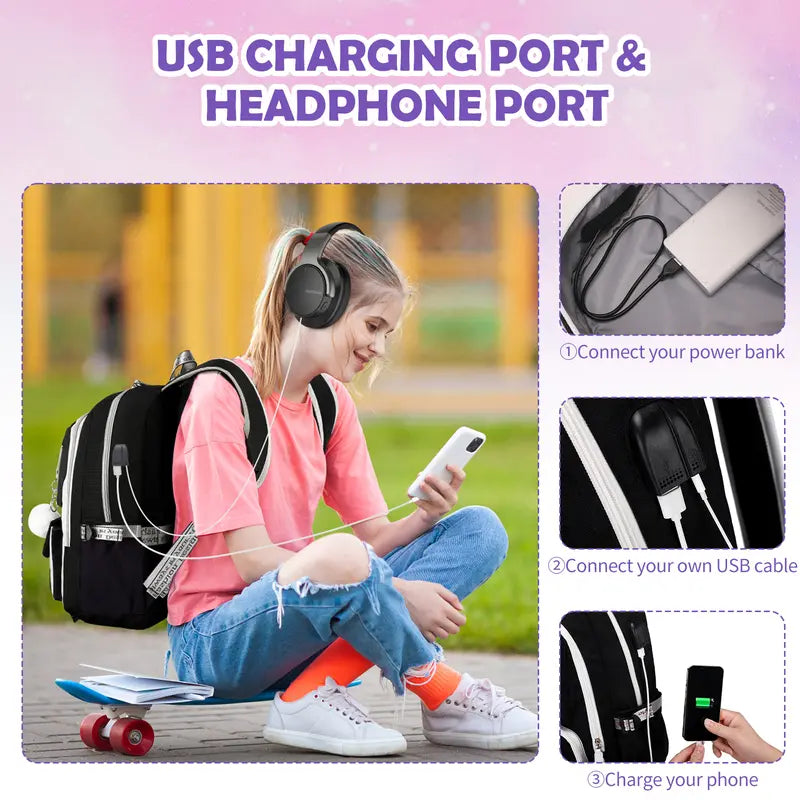 SIMILOVE Y2K Aesthetic Black Backpack Set for Girls Teens - Stylish Daypacks with Tote Bag, Lunch Bag, USB Charging Port, Black Chain, Water Resistant - Back to School Haul, Holidays Essentials for Middle/High School Students
