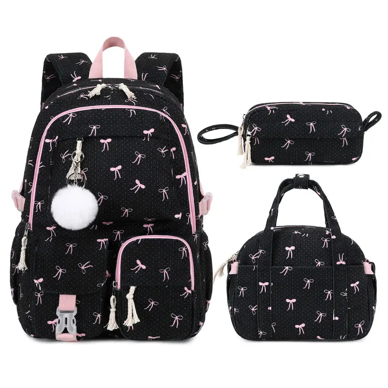 Similove Corduroy Floral Casual Printed Backpack Set - 3-Pocket Kawaii 3/4PCS Bundle with Lunch Bag, Pencil Case, Water Bottle, Lightweight School Supplies for Preschoolers, Daily Carry Book Bag
