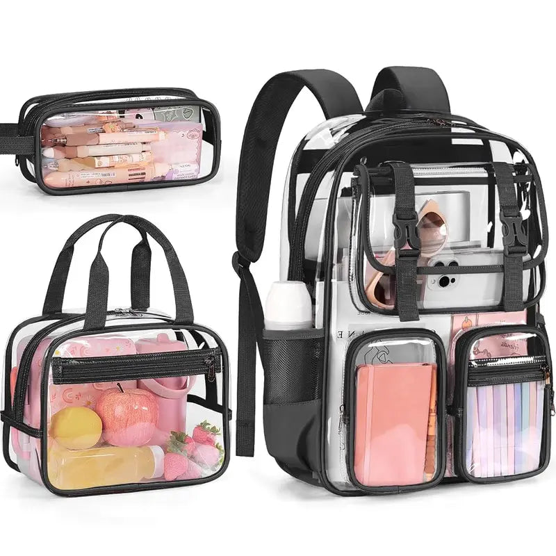 Fimibuke Waterproof PVC Plastic 3PCS Backpack Set Pack - Lightweight, Zipper-Closure, with Lunch Box & Pencil Pouch, Stadium Approved, Unisex All Seasons Campus Life Back to School Haul Bags