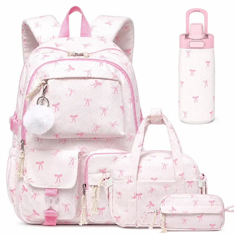 Similove Corduroy Floral Casual Printed Backpack Set - 3-Pocket Kawaii 3/4PCS Bundle with Lunch Bag, Pencil Case, Water Bottle, Lightweight School Supplies for Preschoolers, Daily Carry Book Bag