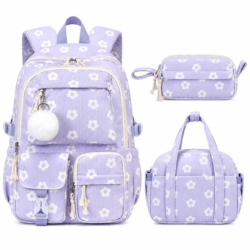 Similove Corduroy Floral Casual Printed Backpack Set - 3-Pocket Kawaii 3/4PCS Bundle with Lunch Bag, Pencil Case, Water Bottle, Lightweight School Supplies for Preschoolers, Daily Carry Book Bag