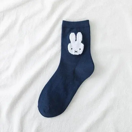 Cute Cartoon Calf-High Pure Cotton Socks for Girls, Kawaii Miffy Black and White Rabbit Design, Casual Versatile No-Slip Home Use Socks