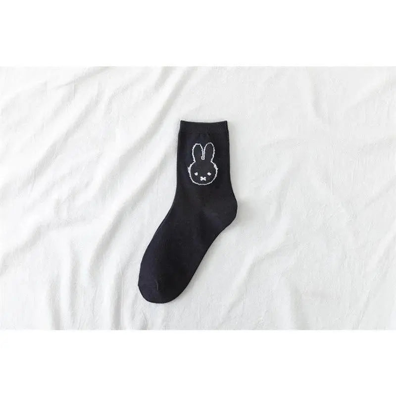 Cute Cartoon Calf-High Pure Cotton Socks for Girls, Kawaii Miffy Black and White Rabbit Design, Casual Versatile No-Slip Home Use Socks