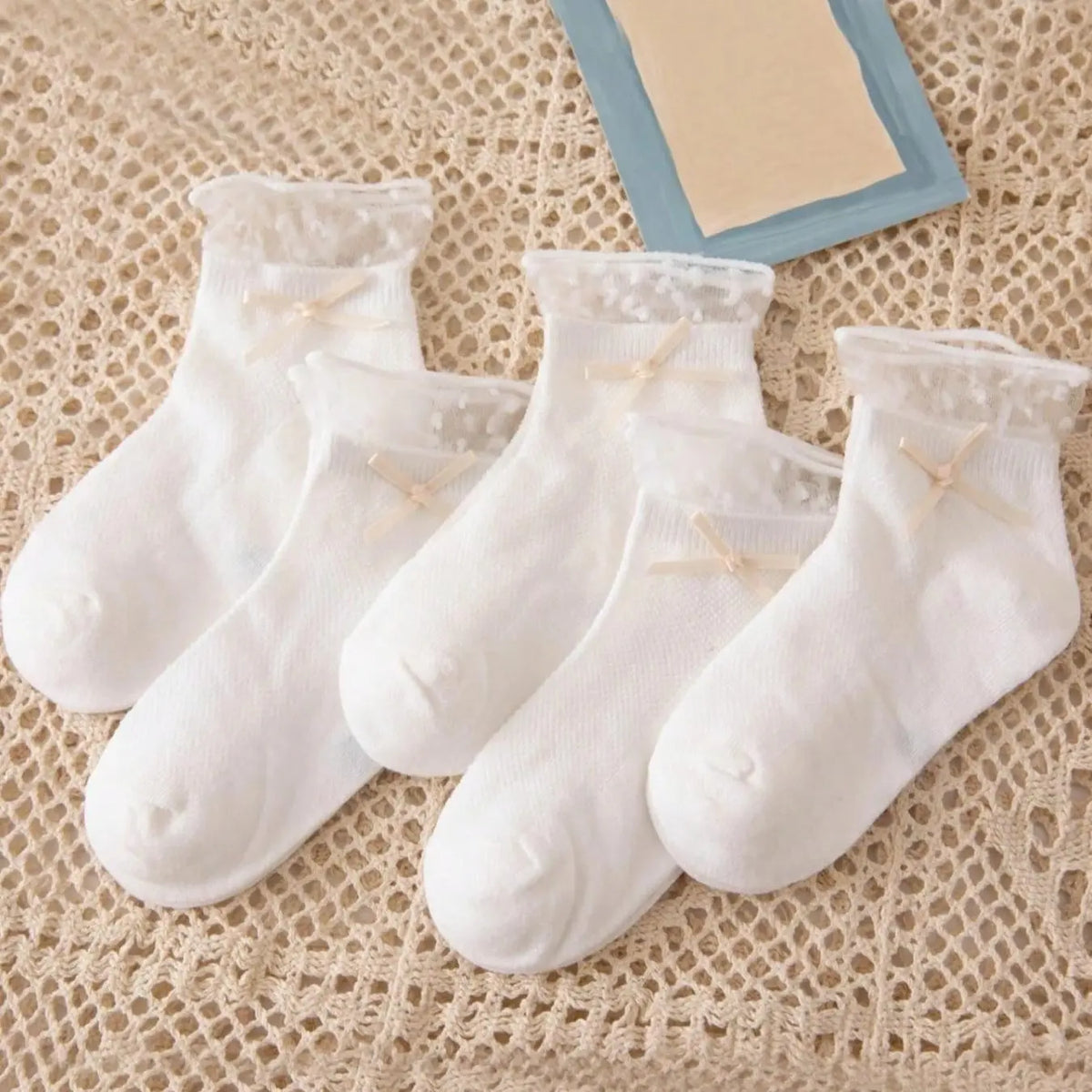 Girls' Lace Bow Princess Style Crew Socks, 5 Pairs, Casual Stylish Socks, Breathable Summer Thin Lightweight Socks, Cute Butterfly Knot Design, Spring & Fall