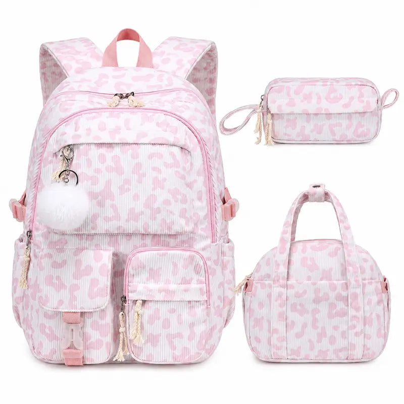 Similove Corduroy Floral Casual Printed Backpack Set - 3-Pocket Kawaii 3/4PCS Bundle with Lunch Bag, Pencil Case, Water Bottle, Lightweight School Supplies for Preschoolers, Daily Carry Book Bag