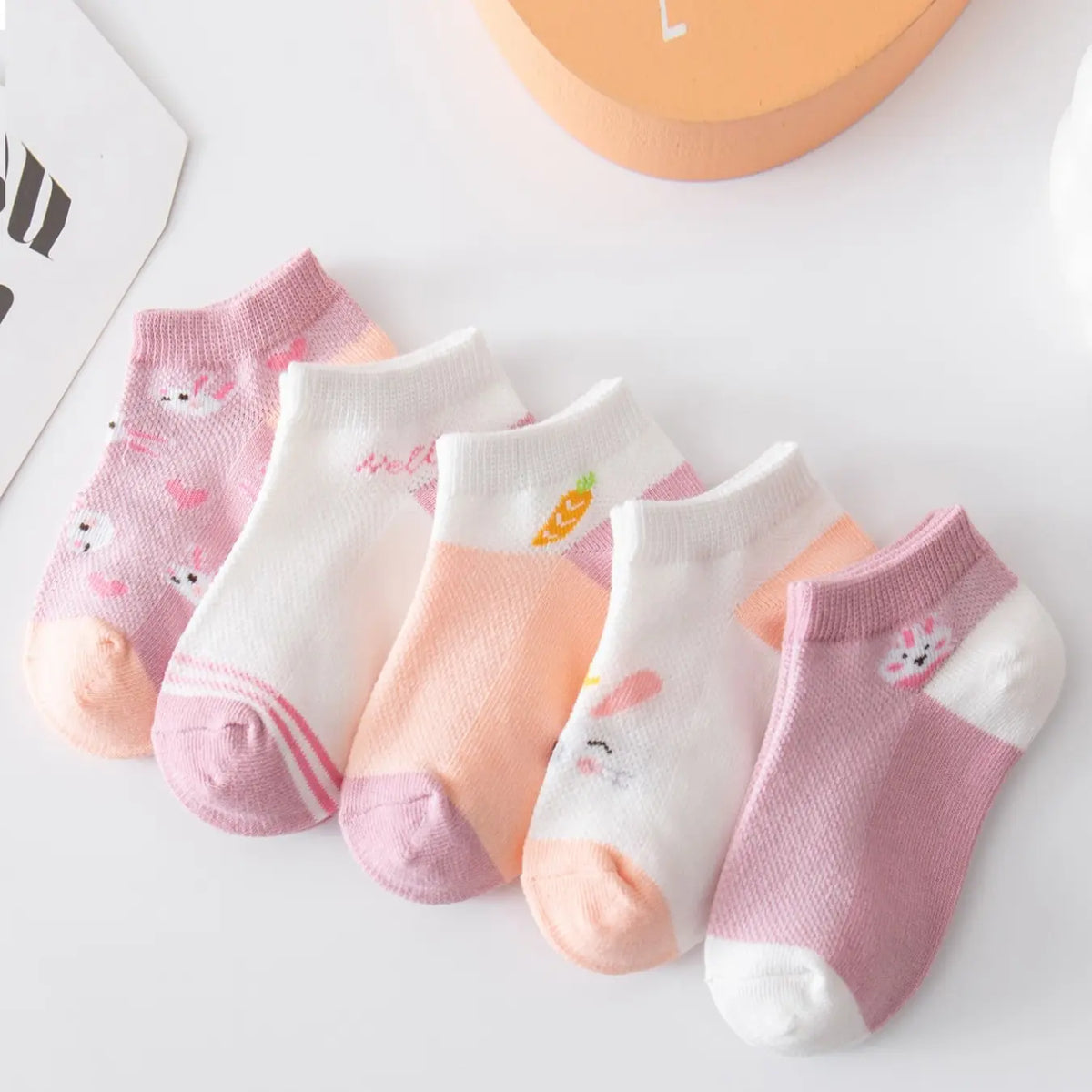 5 Pairs Girls' Lace Trim Low Top Ankle Socks, Summer Thin Cartoon Rabbit Socks, Breathable Mesh, Cute and Adorable, Breathable Soft Socks, All Seasons, Graphic Ankle Socks, Casual Soft Socks