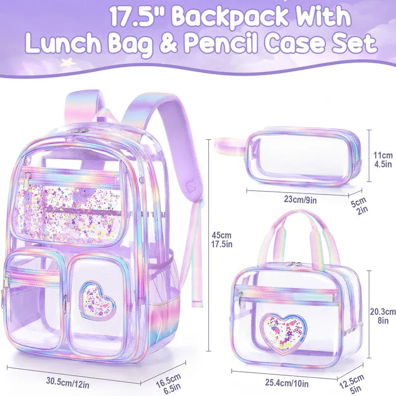 Fimibuke Waterproof PVC Plastic 3PCS Backpack Set Pack - Lightweight, Zipper-Closure, with Lunch Box & Pencil Pouch, Stadium Approved, Unisex All Seasons Campus Life Back to School Haul Bags