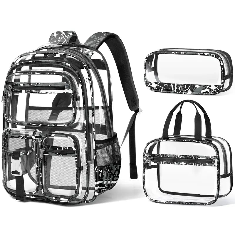 Fimibuke Waterproof PVC Plastic 3PCS Backpack Set Pack - Lightweight, Zipper-Closure, with Lunch Box & Pencil Pouch, Stadium Approved, Unisex All Seasons Campus Life Back to School Haul Bags