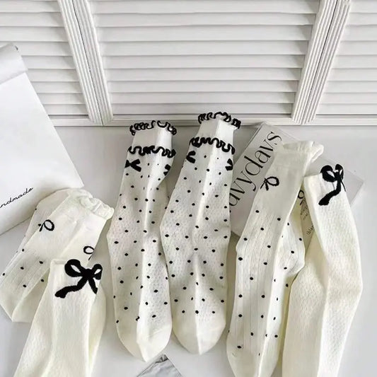 4 Pairs Random Delivery Bowknot Socks For Girls, Mid-Calf Thin Sweat-Absorbent Long Socks Black & White All-Match Ins Style socks  women