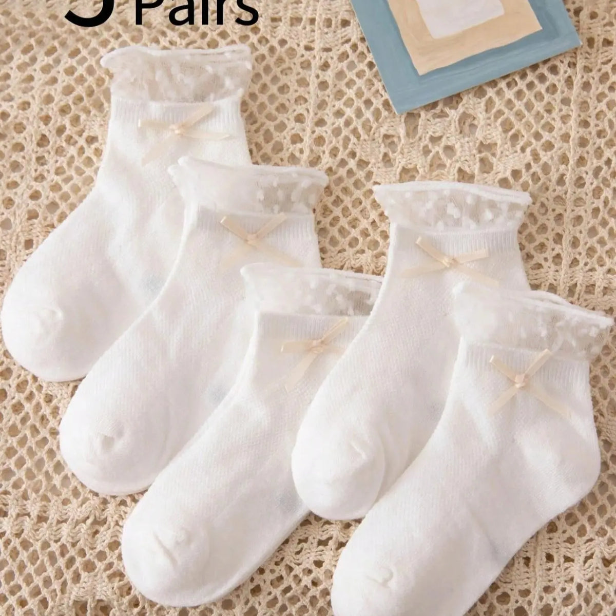 Girls' Lace Bow Princess Style Crew Socks, 5 Pairs, Casual Stylish Socks, Breathable Summer Thin Lightweight Socks, Cute Butterfly Knot Design, Spring & Fall
