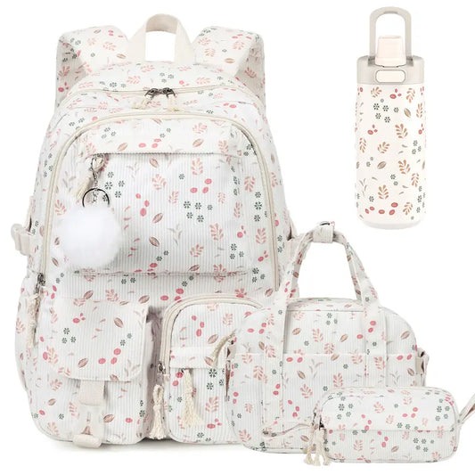Similove Corduroy Floral Casual Printed Backpack Set - 3-Pocket Kawaii 3/4PCS Bundle with Lunch Bag, Pencil Case, Water Bottle, Lightweight School Supplies for Preschoolers, Daily Carry Book Bag