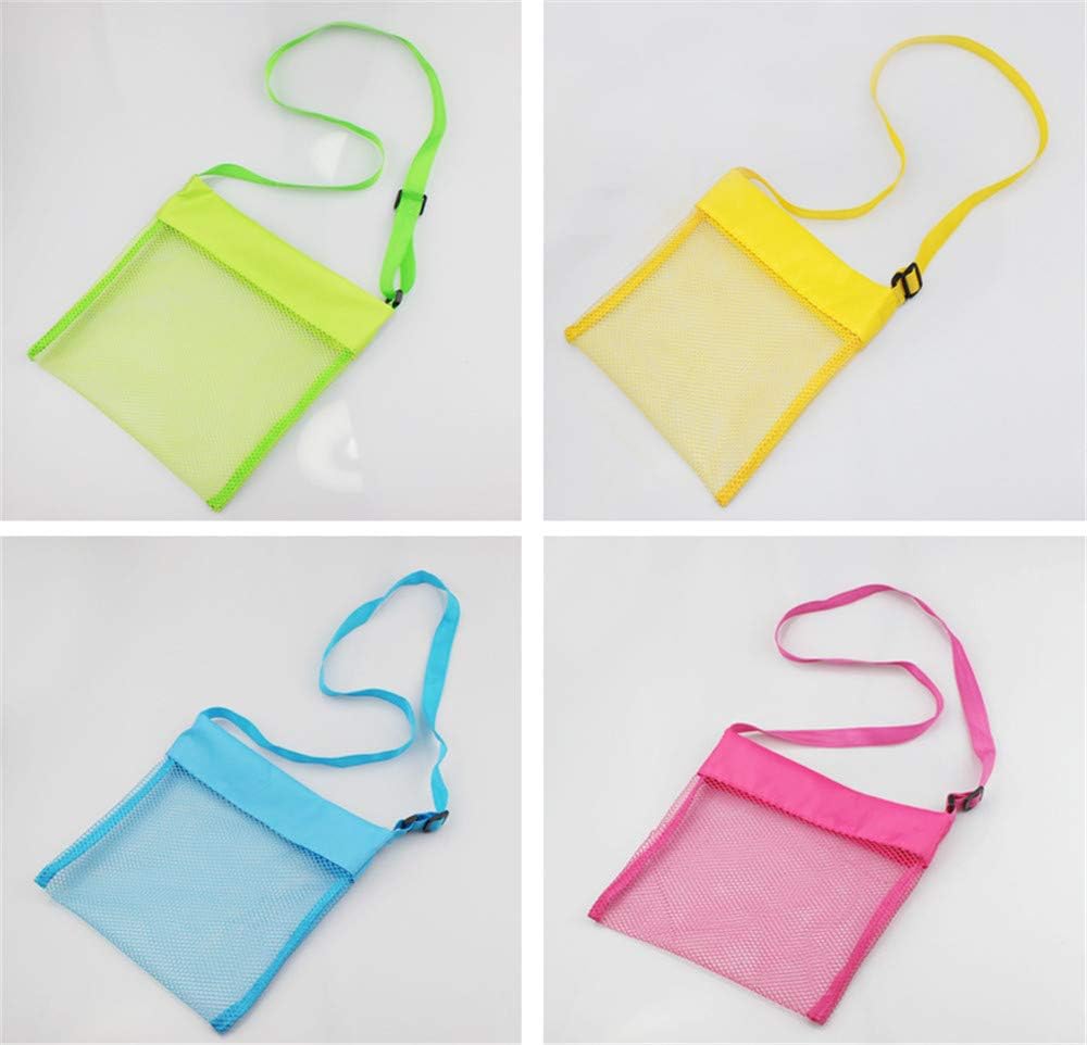 COTDINFORCA 5-PCS Colorful Mesh Beach Bags Sand Away Portable Foldable Sea Shell Bag with Adjustable Carrying Straps/Toy Storage Bag [Yellow, Rose, Purple, Green, Blue] Set of 5 Beach Bags