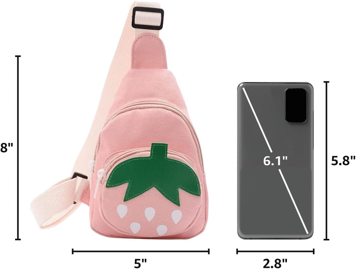 Hiflyer Pink Strawberry Sling Backpack, Small Backpack for Girls, Kawaii Bag, Lightweight Canvas, Adjustable Shoulder Strap, Zipper, 8x5x2 inches