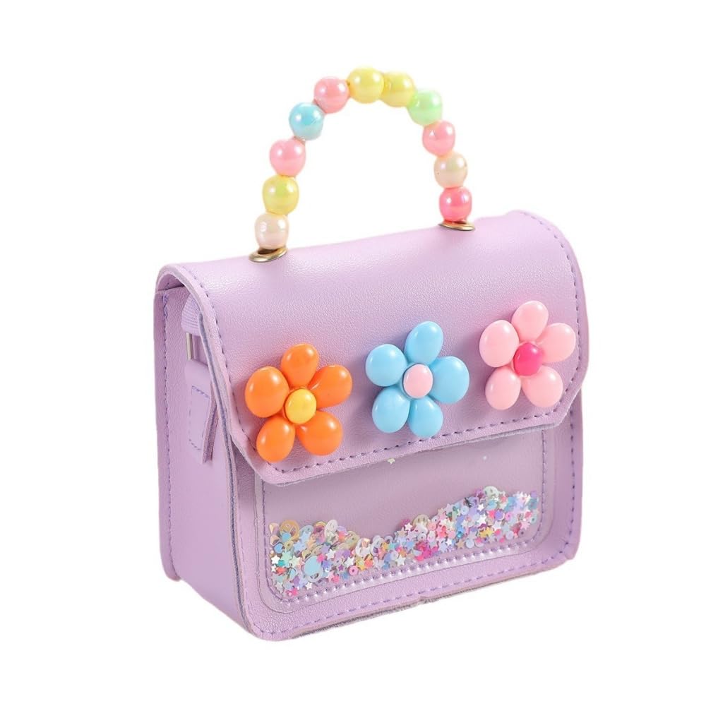 Girl's purse，Girls Mini Purse with Flower Decor, Sparkly Shaker Sequin Crossbody Bag with Beaded Handle