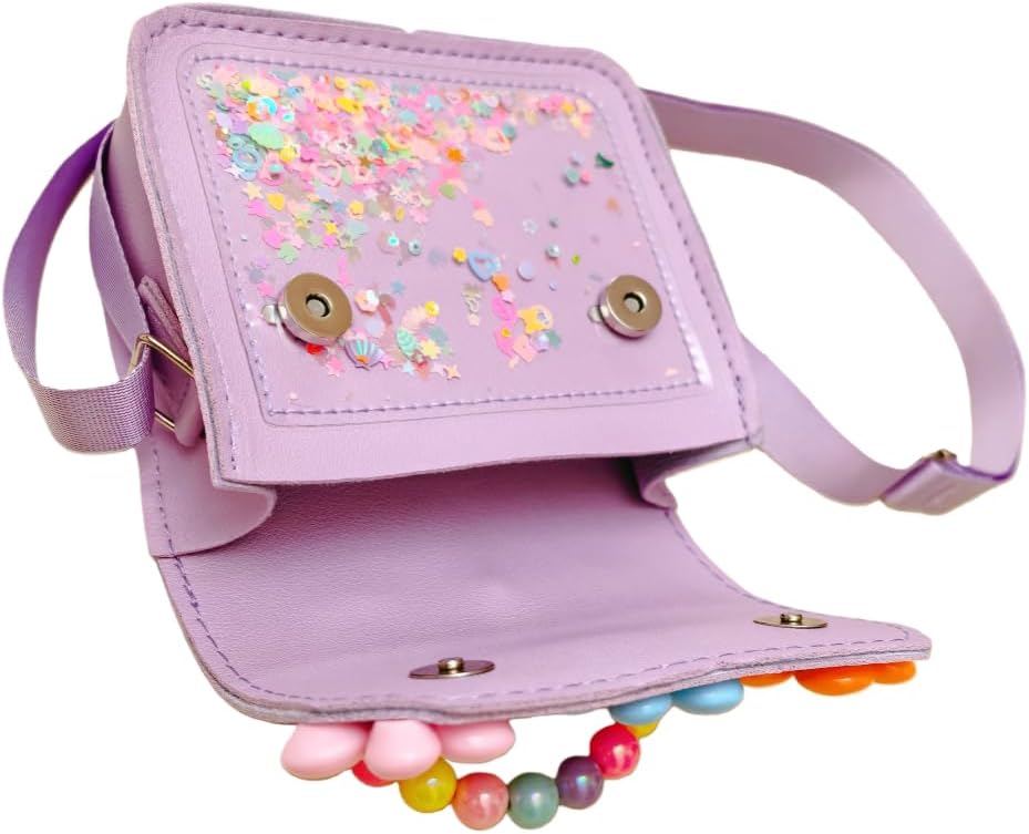 Girl's purse，Girls Mini Purse with Flower Decor, Sparkly Shaker Sequin Crossbody Bag with Beaded Handle